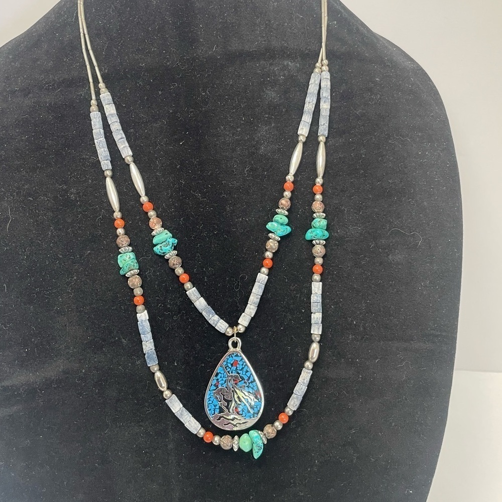 Vintage 1970s Zuni Navajo style nickel silver faux turquoise 2 strand necklace